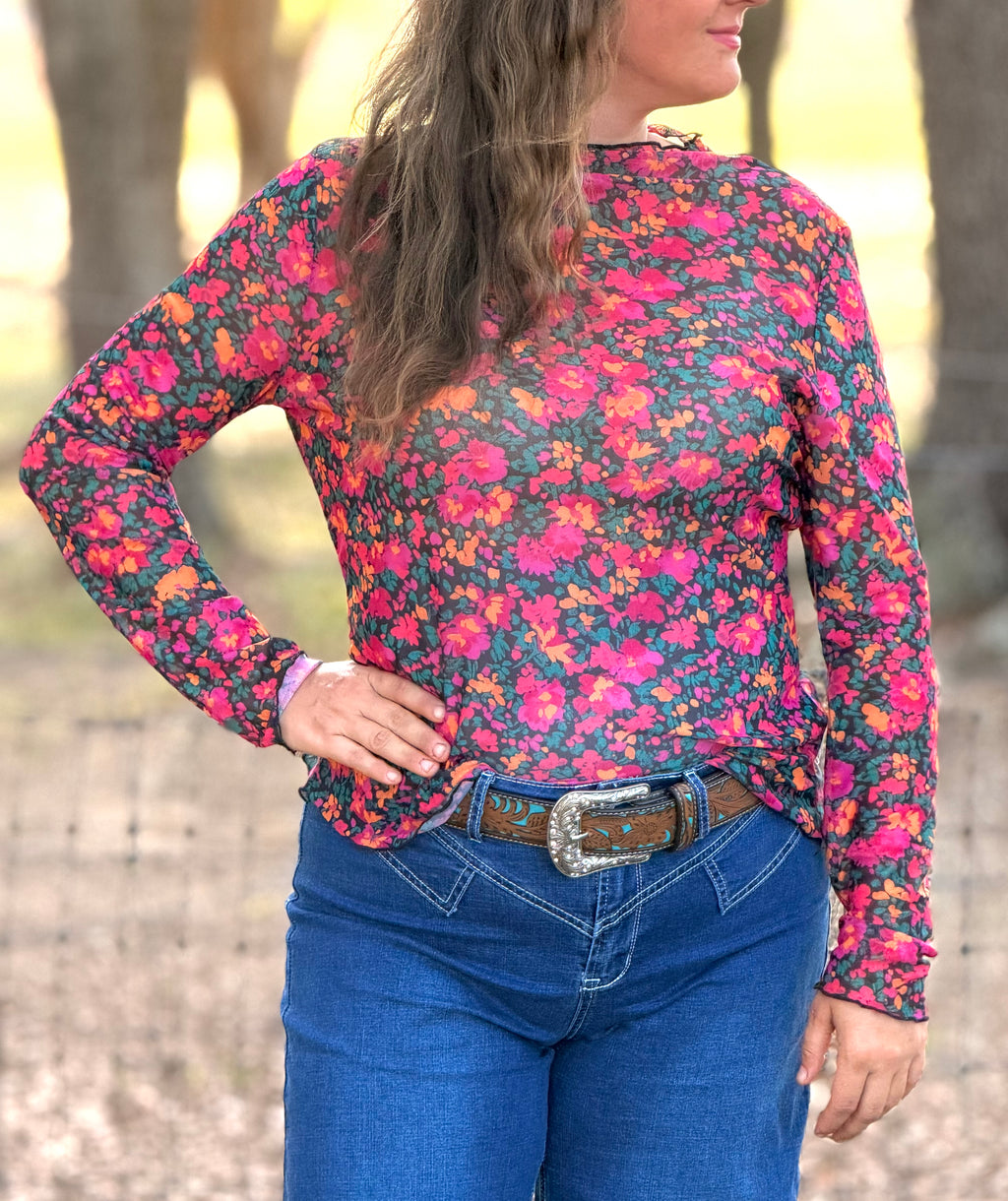 FLORAL MESH NECK TOP