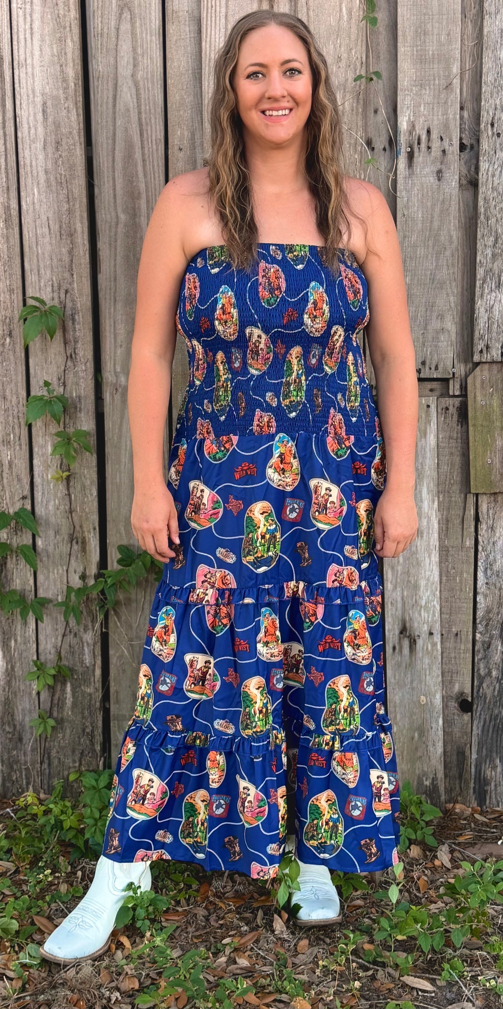 NAVY WESTERN RODEO SMOCKED DRESS