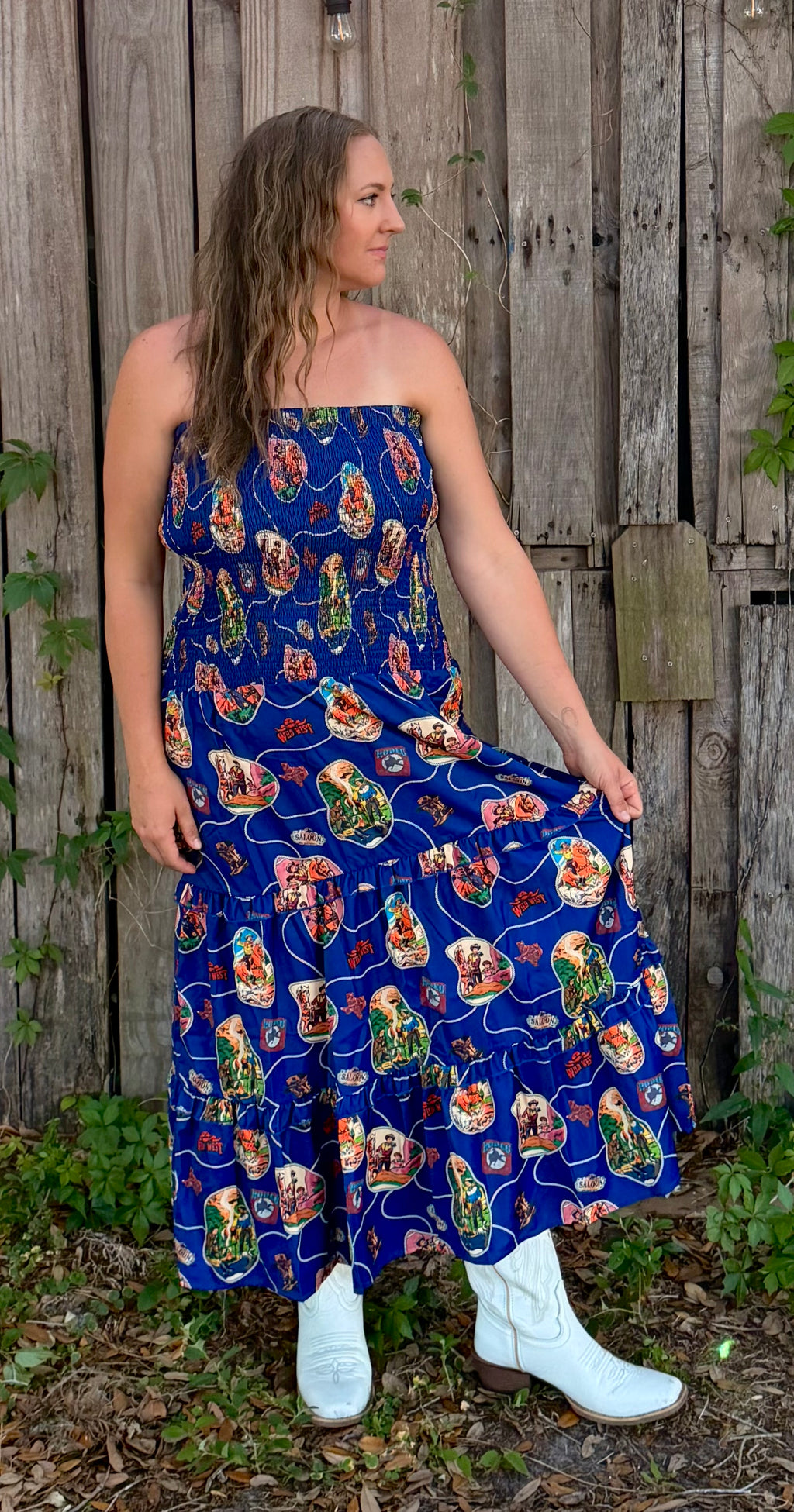 NAVY WESTERN RODEO SMOCKED DRESS