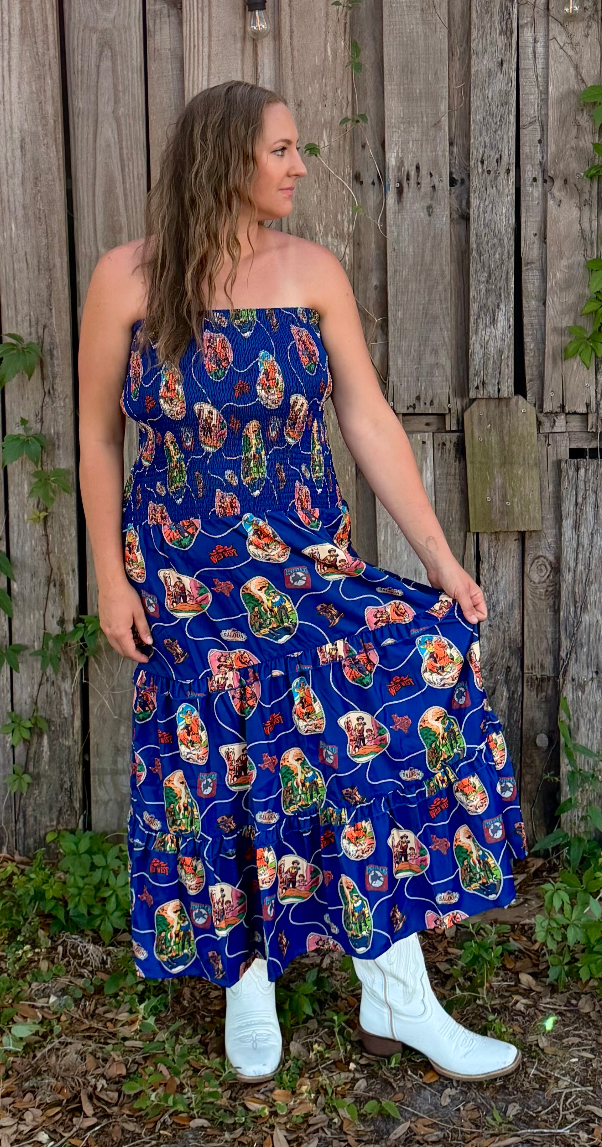 NAVY WESTERN RODEO SMOCKED DRESS