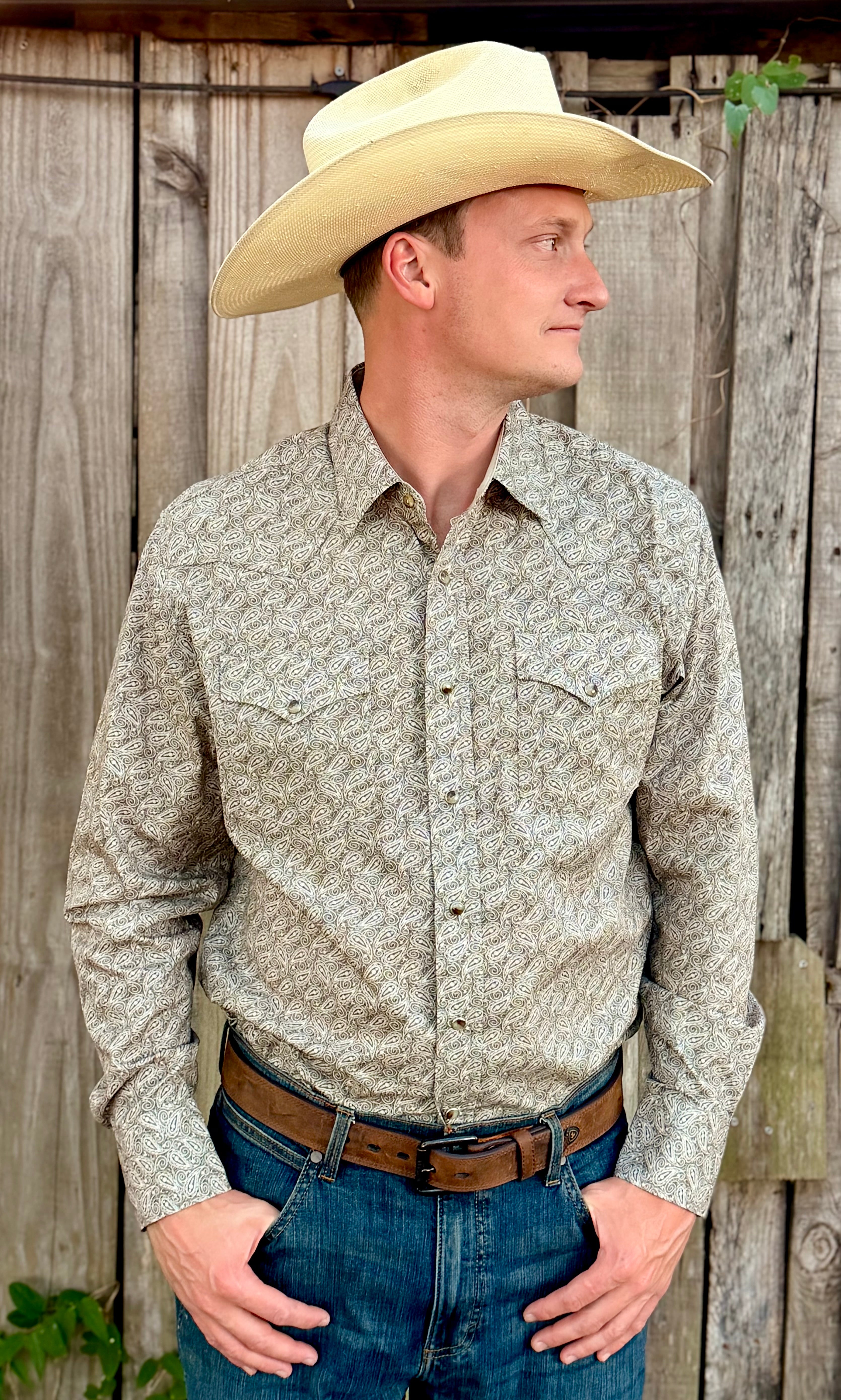 MENS WESTERN PEARL SNAP PRINT DRESS SHIRT