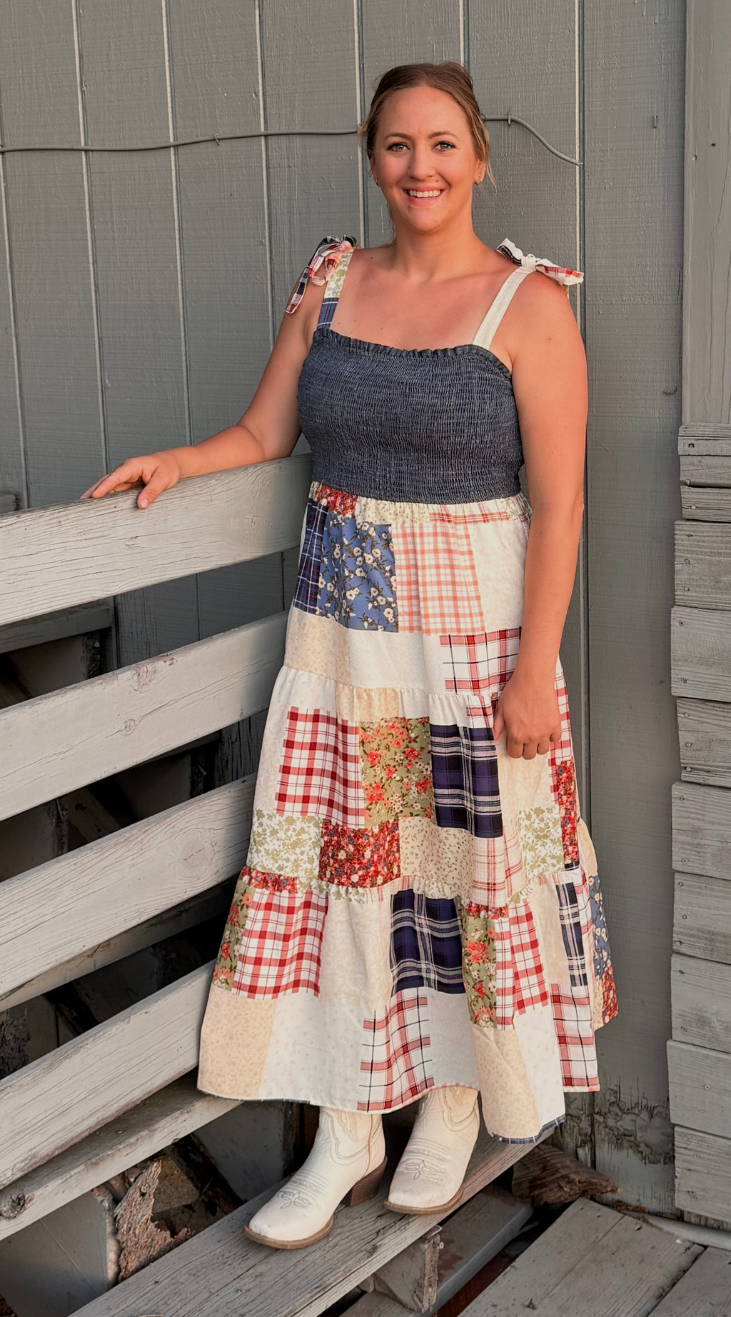 SMOCKED DENIM PATCHWORK DRESS