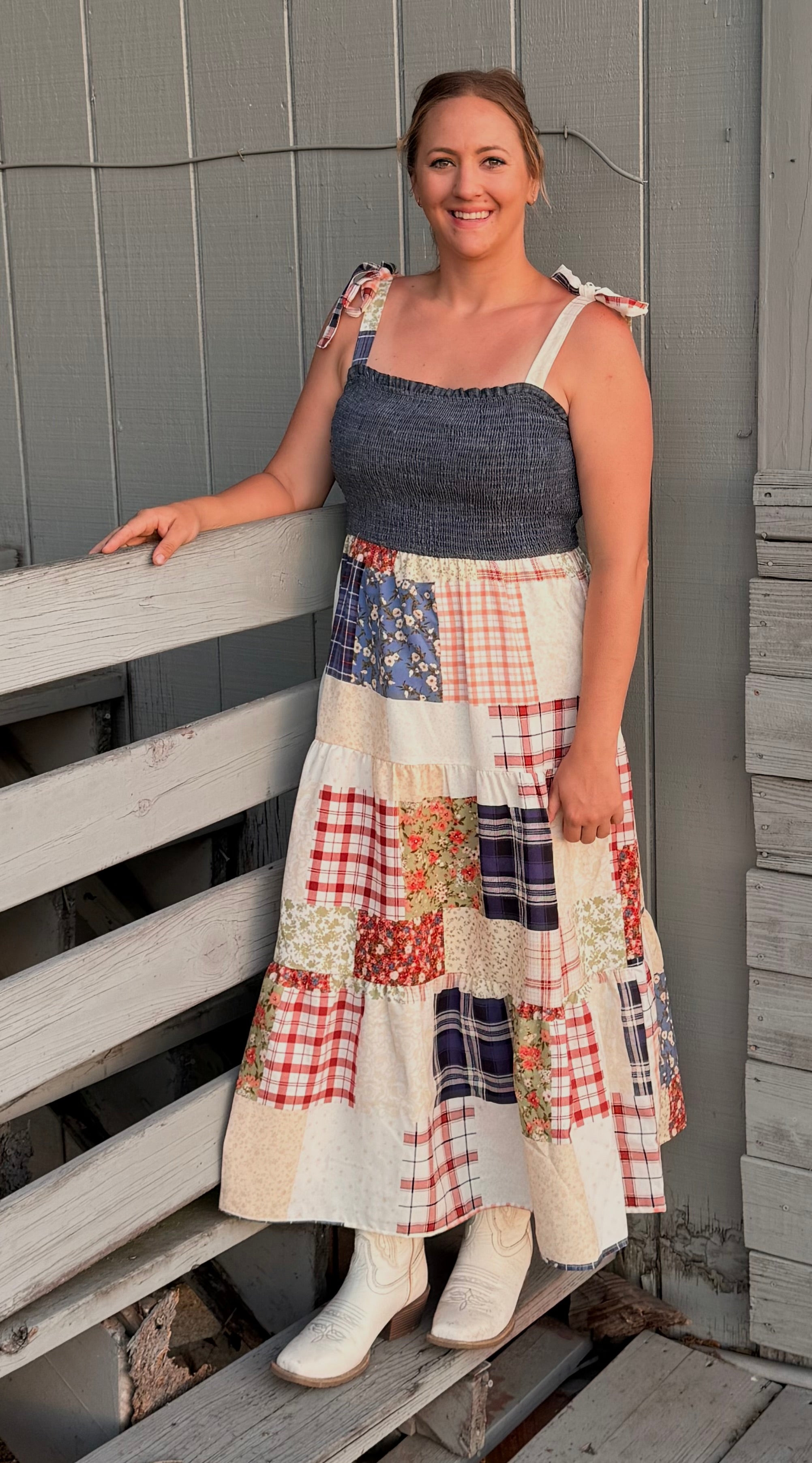 SMOCKED DENIM PATCHWORK DRESS
