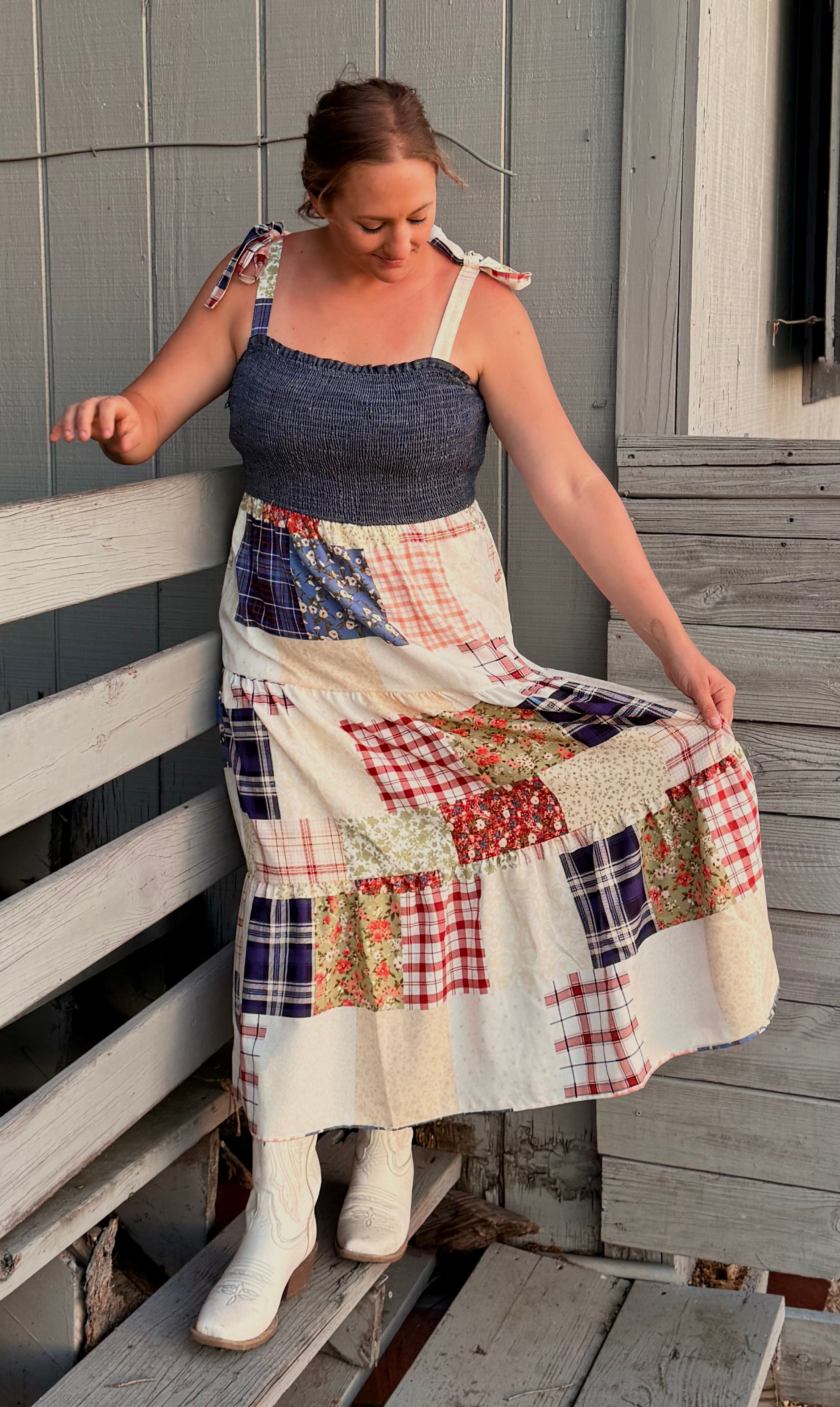 SMOCKED DENIM PATCHWORK DRESS